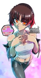 1girl absurdres artist_name bare_shoulders blunt_bangs braid breasts brown_hair cleavage collarbone commentary crop_top crown_braid english_commentary english_text haysey highres jacket leather leather_jacket looking_at_viewer medium_breasts midriff navel niijima_makoto paid_reward_available persona persona_5 red_eyes short_hair solo speech_bubble toned toned_female