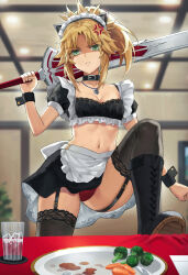 1girl alternate_costume anger_vein animal_ears black_collar black_skirt blonde_hair boots braid breasts broccoli carrot cat_ears clarent_(fate) cleavage collar commentary_request crop_top cup enmaided fake_animal_ears fate/apocrypha fate/grand_order fate_(series) food frills glaring green_eyes hair_ornament hair_scrunchie highres holding holding_sword holding_weapon ice ice_cube jewelry knee_up lace-up_boots long_hair looking_at_viewer maid maid_day maid_headdress miniskirt mordred_(fate) mordred_(fate/apocrypha) navel necklace panties pantyshot parted_bangs parted_lips pendant plate ponytail puffy_short_sleeves puffy_sleeves red_panties revision scrunchie shaded_face shoe_soles short_ponytail short_sleeves sidelocks skirt small_breasts solo sword table tonee underwear vegetable water weapon