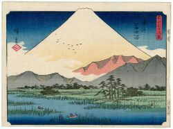 19th_century 2boys ando_hiroshige bird blue_sky boat cloud fine_art_parody fishing_net flock gradient_sky hat highres japan landscape mount_fuji mountain multiple_boys nihonga oar original outdoors outside_border parody reeds rowboat rowing scenery sky straw_hat thirty-six_views_of_mount_fuji_(hiroshige) traditional_media translation_request tree ukiyo-e volcano water watercraft