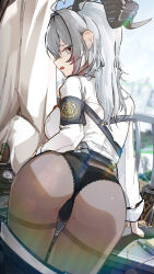 1girl absurdres ahoge armband ass black_armband black_horns black_panties black_pants breasts can clothes_pull commentary cowboy_shot curled_horns drink_can english_commentary from_behind grey_hair highres horns indoors large_breasts long_hair looking_at_viewer looking_back multicolored_hair open_mouth panties pants pants_pull pantyhose partially_visible_vulva pen red_eyes ryeon_(naturesan) shirt solo streaked_hair thighband_pantyhose underwear white_shirt wuthering_waves zani_(wuthering_waves)