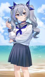 1girl absurdres alternate_costume alternate_hairstyle blue_choker blue_neckerchief blue_ribbon blue_skirt chinese_commentary choker commentary_request dated feet_out_of_frame grey_eyes grey_hair grey_sailor_collar hair_ribbon highres honkai:_star_rail honkai_(series) long_hair looking_at_viewer miniskirt neckerchief pleated_skirt ribbon sailor_collar sailor_shirt school_uniform serafuku shirt silver_wolf_(honkai:_star_rail) skirt smile solo standing twintails very_long_hair wangqi white_shirt