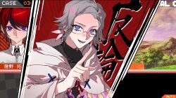 2boys absurdres aizendai aotsuki_eito black_bodysuit black_streaks blue_eyes bodysuit chaldea_uniform chinese_commentary collared_shirt cosplay danganronpa_(series) fate/grand_order fate_(series) flower fujimaru_ritsuka_(male) fujimaru_ritsuka_(male)_(cosplay) glasses grey_hair grin hair_flower hair_ornament hand_up highres looking_at_viewer male_focus merlin_(fate) merlin_(fate)_(cosplay) multicolored_hair multiple_boys parody pointing pointing_up red_hair robe shirt short_hair smile streaked_hair sumino_takumi the_hundred_line_-last_defense_academy- white_robe white_shirt