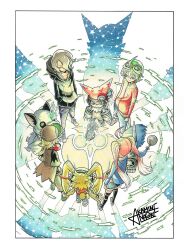 Rule 34 | 1girl, 6+boys, absurdres, appmon, asuka torajirou, blonde hair, digimon, digimon universe: appli monsters, dokamon, gatchmon, green hair, hackmon (appmon), hat, highres, karan eri, katsura rei, metal gloves, minerva (digimon), multiple boys, musimon, naoki akamine, official art, pink hair, shinkai haru, standing, teamwork, twintails