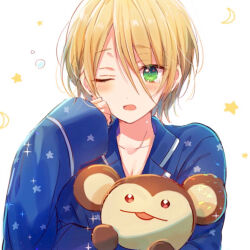 Rule 34 | 1boy, blonde hair, blue pajamas, ensemble stars!, green eyes, hair between eyes, highres, holding, holding stuffed toy, looking at viewer, male focus, one eye closed, open mouth, pajamas, shiratori aira (ensemble stars!), short hair, simple background, sleepy, sleeves past wrists, solo, squeans, star (symbol), stuffed animal, stuffed monkey, stuffed toy, tamano mayo, upper body, white background