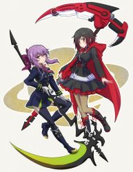 Rule 34 | 10s, 2girls, black footwear, boots, bow, bullet, gradient hair, grey eyes, hair bow, hayami saori, hiiragi shinoa, iesupa, knee boots, lace-up boots, multicolored hair, multiple girls, owari no seraph, pantyhose, purple hair, ruby rose, rwby, scythe, skirt, smile, thighhighs, voice actor connection, weapon connection, zettai ryouiki