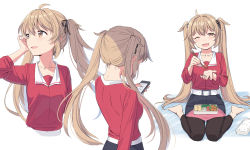 Rule 34 | 1girl, :d, alternate costume, bad id, bad pixiv id, barefoot, belt, belt buckle, brown eyes, buckle, cellphone, chopsticks, cnm, collarbone, female focus, food, hair between eyes, highres, holding, holding chopsticks, holding phone, kantai collection, leggings, light brown hair, long hair, long sleeves, multiple views, murasame (kancolle), murasame (spring) (kancolle), one eye closed, open mouth, phone, red shirt, rice, shirt, simple background, sitting, smartphone, smile, twintails, wariza, white background