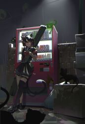 1girl animal animal_ears arm_behind_back armband bakeneko bandaid bandaid_on_face bigchaping black_cat black_hair black_serafuku black_thighhighs brick_wall cat cat_ears cat_girl cat_tail charm_(object) commentary contrast crossed_legs dumpster facing_viewer ghost glowing glowing_eyes highres lamppost leaning_on_object looking_at_viewer multiple_cats night original puddle rain red_armband school_uniform serafuku shadow short_hair shoulder_strap single_thighhigh suburb tail thigh_strap thighhighs trash_bag urban vending_machine weapon_case wet whiskers wide_shot