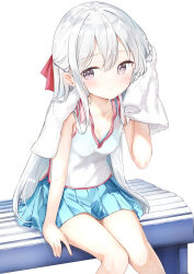 1girl blue_bra blue_skirt bra bra_peek breasts closed_mouth commentary_request fence hamaken._(novelize) highres long_hair looking_at_viewer miniskirt original outdoors paid_reward_available pleated_skirt purple_eyes racket shirt simple_background sitting skirt sleeveless sleeveless_shirt small_breasts solo sportswear tennis_uniform towel underwear white_background white_hair white_shirt