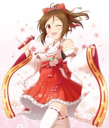 1girl bare_shoulders blush bow breasts brown_eyes brown_hair cowboy_shot detached_sleeves domyoji_karin dot_nose dress_bow falling_petals floating_hair floral_background floral_print_skirt floral_print_sleeves frilled_skirt frills hair_bow hair_ribbon highres holding holding_microphone idolmaster idolmaster_cinderella_girls idolmaster_cinderella_girls_starlight_stage japanese_clothes kimono kimono_skirt long_sleeves looking_at_viewer medium_breasts messy_hair microphone miko obi obiage obijime one_eye_closed open_mouth petals pink_background pleated_skirt ponytail red_bow red_ribbon red_skirt ribbon ribbon-trimmed_sleeves ribbon-trimmed_thighhighs ribbon_trim sash short_hair skirt sleeveless sleeveless_kimono sleeves_past_wrists smile solo standing thighhighs waist_bow white_kimono white_sleeves white_thighhighs wide_sleeves yuu_hitoshi zettai_ryouiki