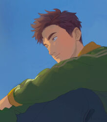 1boy alex_(stardew_valley) blue_background blue_pants brown_hair closed_mouth collared_shirt from_side green_shirt grey_eyes highres knees_up long_sleeves looking_ahead male_focus mono_progress pants shirt short_hair simple_background sitting solo stardew_valley thick_eyebrows