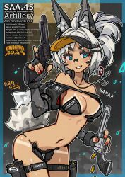 1girl animal_ear_fluff animal_ears bikini black_bikini blue_eyes breasts colt_single_action_army cyborg dark-skinned_female dark_skin dog_tags english_text fingerless_gloves gloves grey_hair gun handgun highres holding holding_gun holding_weapon holster leaning_forward medium_breasts nancou_(nankou) navel original ponytail red_nails revolver short_hair short_ponytail solo strapless strapless_bikini swimsuit tail tan tanline thigh_holster trigger_discipline visor_cap weapon