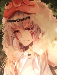 1boy cosplay earrings facial_mark fimyuan fire_emblem fire_emblem_fates grey_hair jewelry leaf long_hair male_focus mask mask_on_head mononoke_hime necklace nintendo orange_eyes portrait san_(cosplay) san_(mononoke_hime) solo takumi_(fire_emblem)