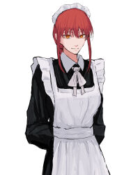 1girl absurdres alternate_costume apron arms_behind_back black_dress chainsaw_man collared_dress commentary dress enmaided highres long_hair maid maid_apron maid_headdress makima_(chainsaw_man) nabe92213 neck_ribbon red_hair ribbon ringed_eyes sidelocks simple_background solo white_background white_ribbon yellow_eyes