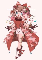 1girl animal animal_on_shoulder black_gloves blue_eyes bow breasts brown_hair collared_shirt dress_flower flower gen_3_pokemon gloves hair_bow hair_flower hair_ornament highres layered_skirt looking_at_animal may_(pokemon) medium_hair nintendo open_mouth overskirt pokemon pokemon_(creature) pokemon_rse red_bow red_shirt red_skirt shirt shorts skirt skitty small_breasts smile white_background white_footwear white_shorts yukikokoro