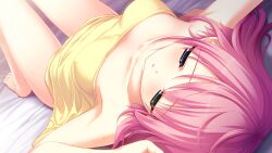 1girl barefoot bed_sheet blue_eyes blush breasts collarbone covered_erect_nipples covering_privates fainted fumio_(ura_fmo) game_cg grisaia_(series) grisaia_no_kajitsu hair_down half-closed_eyes knees_up komine_sachi lying medium_breasts non-web_source nude_cover on_back open_mouth pink_hair short_hair solo towel variant_set