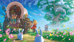3girls blonde_hair bug butterfly carriage day dragon dress fantasy field flower grass hat insect long_hair multiple_boys multiple_girls original outdoors petals rabbit red_dress robe scenery sitting sky tree witch_hat yukoiwase