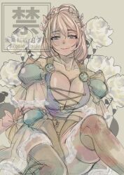 1girl blonde_hair blue_eyes blush breasts cleavage cowboy_shot large_breasts long_hair looking_at_viewer muted_color rosie_rosie simple_background sitting smile solo sophitia_alexandra soul_calibur soulcalibur soulcalibur_vi twitter_username watermark