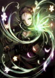 1girl breasts brown_hair cape cleavage commentary_request cowboy_shot dress elf energy facial_mark flower gradient_background green_eyes hair_slicked_back holding holding_staff jientomu long_hair looking_at_viewer magic:_the_gathering medium_breasts nissa_revane open_mouth petals pointy_ears ponytail scarf shadow solo spiral staff very_long_hair