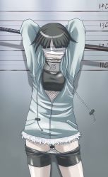 1girl arms_behind_head arms_up bandages bdsm bike_shorts bike_shorts_pull bit_gag black_hair blindfold bondage bound clothes_pull coat female_focus fishnets forehead_protector gag gagged hyuuga_hinata latex mugshot naruto naruto_(series) short_hair shorts shorts_pull solo spandex standing sword tasaka_shinnosuke weapon