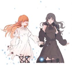 Rule 34 | 2girls, ascot, bare shoulders, black coat, black dress, black hair, blue eyes, clothing cutout, coat, coat partially removed, dress, ff14hioo oo7, final fantasy, final fantasy xiv, gaia (ff14), holding hands, long hair, multiple girls, orange hair, ryne waters, shoulder cutout, thighhighs, white dress