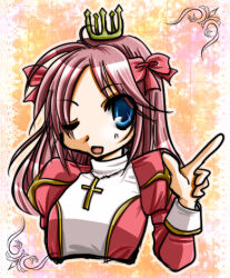 Rule 34 | 1girl, 2000s (style), :d, blue eyes, bow, commentary request, cross, cross necklace, crown, dress, hair bow, high priest (ragnarok online), jewelry, juliet sleeves, long hair, long sleeves, looking at viewer, lowres, mini crown, necklace, one eye closed, open mouth, orange background, pink hair, puffy sleeves, ragnarok online, red bow, red dress, smile, solo, tomiya airu, two-tone dress, upper body, white dress