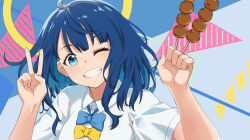 1girl absurdres ahoge aki_shiki between_fingers blue_bow blue_bowtie blue_eyes blue_hair bow bowtie collared_shirt commentary_request dango dress_shirt food grin hand_up hands_up highres holding holding_skewer long_hair looking_at_viewer make_heroine_ga_oo_sugiru! one_eye_closed portrait shirt short_sleeves skewer smile solo v wagashi white_shirt yanami_anna yellow_bow yellow_bowtie