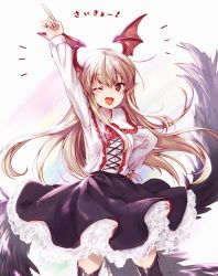 1girl ;d artist_name black_skirt black_thighhighs black_wings brown_hair collar collared_shirt commentary corsage fang female_focus flower frilled_collar frills granblue_fantasy hand_on_own_hip head_wings highres kuroi_mimei long_sleeves looking_at_viewer medium_skirt notice_lines one_eye_closed open_mouth petticoat pointing pointing_up pointy_ears red_eyes red_flower red_rose rose shirt signature skirt smile solo standing thighhighs translation_request vampire vampy white_shirt wings