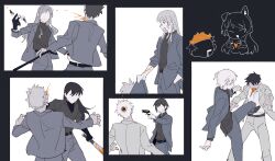 Rule 34 | 5boys, 5girls, absurdres, bandaid, bandaid on face, bandaid on nose, bang dream!, bang dream! it&#039;s mygo!!!!!, baseball bat, black background, black gloves, black hair, black shirt, brown hair, chihaya anon, chinese commentary, closed mouth, commentary request, crowbar, fang, gloves, grey hair, grey jacket, grey pants, gun, handgun, highres, holding, holding baseball bat, holding crowbar, holding gun, holding weapon, iebauhoamnait, jacket, kaname raana, kemonomimi mode, kicking, long hair, long sleeves, multiple boys, multiple girls, mygo!!!!! (bang dream!), nagasaki soyo, pants, shiina taki, shirt, short hair, sleeves rolled up, smile, spot color, takamatsu tomori, weapon, white background, white shirt