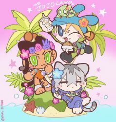 1girl 2boys :3 animal_ears barefoot beach black_bridal_gauntlets blonde_hair blue_eyes blue_flower blue_hat blue_hoodie blue_pants blush_stickers bodysuit braid bridal_gauntlets brown_hair burger cat_boy cat_ears cat_tail chibi chibi_only closed_eyes closed_mouth coconut coconut_tree commentary crossed_legs cup dark-skinned_female dark_skin dragona_joestar dress drinking_straw english_text flower food green_bodysuit green_eyes grey_hair hair_flower hair_ornament hat head_wreath heart_ornament highres holding holding_burger holding_cup holding_food hood hood_down hoodie island jewelry jodio_joestar jojo_no_kimyou_na_bouken kemonomimi_mode leg_tattoo multicolored_hair multiple_boys naru_tomaki one_eye_closed open_mouth orange_dress palm_tree pants pink_flower purple_flower shell side_braids single_braid sitting smile star_(symbol) star_hair_ornament starfish symbol-only_commentary tail tattoo the_jojolands tree two-tone_hair usagi_aloha&#039;oe