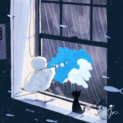 1other absurdres artist_name black_cat calendar_(object) cat cloud cloudy_sky commentary dark doodled_object fish flying_fish gloves highres holding holding_paintbrush indoors kazunoko_(kazunoko_zunoco) mini_person original paintbrush painting_(action) plant potted_plant rain signature sky standing teruterubouzu whiskers white_gloves window