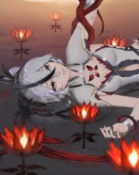 1girl black_eyes black_flower blake_bloom_(wuthering_waves) breasts camellya_(wuthering_waves) catecatee7 clothing_cutout collar commentary earrings flower gold_earrings hair_between_eyes hair_flower hair_ornament hair_ribbon highres jewelry looking_at_viewer lying lying_on_water multicolored_hair on_side parted_lips red_flower red_pupils red_ribbon ribbon short_hair sideless_outfit small_breasts solo stomach_cutout streaked_hair tacet_mark_(wuthering_waves) water white_collar wuthering_waves