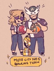 1boy 1girl :3 alternate_costume ball blonde_hair blush bowling_ball brown_background chibi closed_eyes english_text long_hair mask monkii_(mjooolnina) mrs._arrow sparkle sunglasses super_arrow trophy