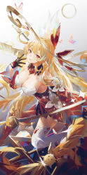 1girl absurdres alice_(genshin_impact) black_gloves blonde_hair breasts bug butterfly cleavage closed_mouth detached_sleeves dress genshin_impact gloves hand_up highres insect large_breasts long_hair long_sleeves looking_at_viewer orange_eyes pointy_ears red_dress smile solo swkl:d thighhighs v-shaped_eyebrows very_long_hair white_thighhighs zettai_ryouiki