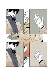 Rule 34 | 1boy, \||/, benkdjjituibot, black eyes, black hair, black skirt, clenched hand, closed eyes, coat, collared shirt, double-parted bangs, hair between eyes, highres, inset border, kim dokja, looking at hands, male focus, multiple views, omniscient reader&#039;s viewpoint, shirt, short hair, skirt, smoke, yellow coat