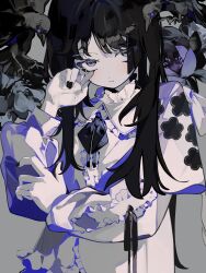 Rule 34 | 1girl, absurdres, black flower, black hair, black nails, black neckerchief, blue eyes, blush, bow, center frills, closed mouth, collared shirt, commentary request, floral background, flower, frilled shirt, frilled shirt collar, frilled sleeves, frills, grey background, hand on own arm, hand on own cheek, hand on own face, head tilt, highres, long sleeves, looking at viewer, nail polish, neckerchief, original, pale skin, puffy long sleeves, puffy sleeves, shirt, simple background, straight hair, toasu, upper body, upturned eyes, white bow, white shirt