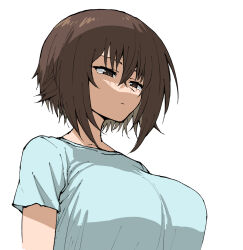 1girl bob_cut breasts brown_hair girls_und_panzer glaring green_shirt henriiku_(ahemaru) highres large_breasts looking_at_breasts looking_at_self looking_down nishizumi_maho shaded_face shirt short_hair squatting upper_body white_background