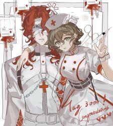 Rule 34 | 1boy, 1girl, absurdres, aleph (reverse:1999), alternate costume, arms around neck, blindfold, blood, blood bag, brown hair, cross, dress, facing viewer, green eyes, hair between eyes, hairband, hands up, hat, highres, holding, holding syringe, lolita hairband, milestone celebration, nurse, nurse cap, puffy short sleeves, puffy sleeves, recoleta (reverse:1999), red cross, red hair, reverse:1999, scar, scar on face, scar on mouth, short hair, short sleeves, syringe, upper body, white background, white dress, white hat, white wrist cuffs, wide sleeves, wrist cuffs, yelin yoru