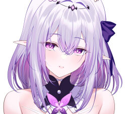 1girl bare_shoulders bow castorice_(honkai:_star_rail) close-up hair_bow hair_intakes head_tilt honkai:_star_rail honkai_(series) kikata_(hata_nanokana) long_hair looking_at_viewer parted_lips pointy_ears purple_bow purple_eyes purple_hair simple_background solo white_background