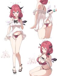 ! 2girls ? @_@ absurdres anger_vein ass asymmetrical_wings bikini bikini_under_clothes black_bikini black_bow black_sandals blue_eyes bow breasts butt_crack chest_bow chibi chibi_inset closed_eyes clothes_lift commentary criss-cross_back-straps crystal_wings detached_wings double_halo dress dress_lift empire_waist english_commentary feet frilled_dress frills front-tie_bikini_top front-tie_top hair_bow hair_over_shoulder hakos_baelz halo heterochromia highleg highleg_bikini highres hololive hololive_english holonatsu_paradise horns irys_(casualrys)_(hololive) irys_(hololive) irys_(holonatsu_paradise)_(hololive) large_breasts layered_bikini lifting_another&#039;s_clothes low_ponytail mini_wings mismatched_wings multicolored_hair multiple_girls multiple_views navel o-ring o-ring_bikini off-shoulder_dress off_shoulder official_alternate_costume open_mouth pink_bikini pointy_ears ponytail purple_eyes purple_hair purple_wings red_hair sandals short_dress simple_background sitting standing star_halo stomach streaked_hair swimsuit toes vanillafox2035 virtual_youtuber wavy_mouth white_background white_dress white_wings wings