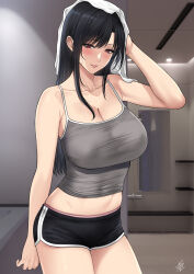 1girl after_bathing bare_shoulders black_hair black_shorts blush breasts cleavage collarbone covered_erect_nipples grey_tank_top highres large_breasts long_hair looking_at_viewer original panties panties_under_shorts panty_peek pink_panties red_eyes shorts smile tank_top towel towel_on_head underwear xter