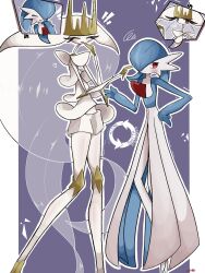 alternate_color blue_hair blue_skin blush bob_cut closed_eyes colored_skin dress gardevoir gen_3_pokemon gen_7_pokemon hand_on_own_hip highres inb795 multicolored_skin nintendo orange_eyes personality_switch pheromosa pokemon pokemon_(creature) purple_background shiny_pokemon smile two-tone_skin ultra_beast white_dress white_skin