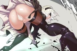 1girl 2b_(nier:automata) ass bad_feet bent_over black_boots black_dress black_thighhighs blindfold boots dress feather-trimmed_sleeves female_focus from_behind from_below gloves groin hairband headband high_heel_boots high_heels leotard nier:automata nier_(series) partially_visible_anus partially_visible_vulva short_dress short_hair skirt solo thigh_boots thighhighs thighs tomoyuki_kotani white_hair