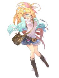 1girl ahoge amulet animal_ears ankle_boots aqua_bow aqua_eyes artist_request bag beads belt black-framed_eyewear black_belt blonde_hair blue_sky boots bow bra brown_bag brown_boots brown_bra buttons cleavage_cutout clothing_cutout coat collar diagonal-striped_ribbon earrings fang final_gear footwear_ribbon full_body green_coat green_sleeve_cuffs hair_ornament hair_ribbon half_updo heart_button high_ponytail holding hoop_earrings horizontal-striped_socks jewelry karan_(final_gear) kneehighs knees_together_feet_apart long_hair long_sleeves miniskirt official_art open_mouth pink_bow pink_ribbon pom_pom_(clothes) ponytail purple_star ribbon semi-rimless_eyewear shoulder_bag side_slit silver_earrings simple_background skirt sky sleeve_cuffs sleeveless sleeveless_sweater socks solo star_button sweater tachi-e teeth third-party_source tongue turtleneck turtleneck_sweater two-tone_ribbon underwear upper_teeth_only very_long_hair white_background white_collar white_ribbon white_sweater yellow_star