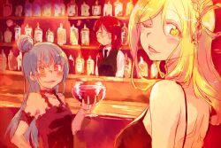 Rule 34 | 3girls, bar, bartender, blonde hair, blue hair, cup, dress, drinking glass, glass bottle, looking at viewer, love live!, love live! sunshine!!, multiple girls, nekokun, ohara mari, one eye closed, red hair, sakurauchi riko, table, tsushima yoshiko, wink, yellow eyes