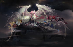 Rule 34 | akemi homura, black hair, blonde hair, blue hair, boots, bow, claparo, dress, gloves, hat, highres, kaname madoka, long hair, mahou shoujo madoka magica, miki sayaka, pink hair, ponytail, ribbon, sakura kyoko, short hair, skirt, sleeping, thighhighs, tomoe mami, twintails, ultimate madoka, watermark, wings