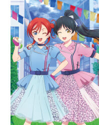 2girls artbook belt black_hair blue_belt blue_choker blue_eyes blue_jacket blue_skirt building choker cloud fingerless_gloves gloves grass hair_between_eyes hair_bun hazuki_ren high_ponytail highres jacket long_hair looking_at_viewer love_live! love_live!_superstar!! multiple_girls non-web_source official_alternate_costume official_art one_eye_closed outdoors pink_gloves pink_jacket pink_skirt ponytail red_hair short_sleeves skirt sky smile standing we_will!!_(love_live!) yellow_eyes yoneme_mei