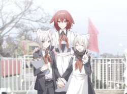 1boy 2girls ^_^ age_difference animal_ears apron arknights bear_ears blurry blurry_background blush book brother_and_sister chinese_commentary closed_eyes collared_shirt commentary_request cowboy_shot crownslayer_(arknights) eyes_visible_through_hair frilled_apron frills grey_eyes grey_hair hair_between_eyes hair_ornament hairclip hand_on_another&#039;s_shoulder hand_up highres holding holding_book holding_hands hyena_ears jacket long_sleeves looking_at_viewer misha_(arknights) multiple_girls neckerchief outdoors photo_background red_hair red_neckerchief school_uniform shadow71580825 shirt short_hair siblings sidelocks skullshatterer_(arknights) smile soviet_school_uniform standing suit_jacket turtleneck tuxedo v white_apron