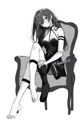 1girl alternate_hairstyle arm_support artist_name barefoot belt boots breasts choker cleavage commentary crossed_legs dress elbow_gloves english_commentary feet gloves greyscale hair_down highres holding holding_boots holding_footwear holding_unworn_clothes jitome long_hair looking_at_viewer monochrome o-ring o-ring_choker pleated_dress simple_background single_glove sitting smile solo sousou_no_frieren sydus thigh_strap toes twitter_username ubel_(sousou_no_frieren) unworn_boots