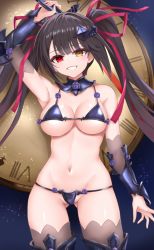 1girl alternate_costume ana_(vvvvor) arm_up armor armored_boots armpits bare_shoulders bikini_armor blush boots breasts brown_hair carrying_over_shoulder clock clock_eyes cowboy_shot date_a_live detached_collar flower gluteal_fold grin groin hair_ribbon heterochromia holding large_breasts long_hair looking_at_viewer midriff navel purple_flower purple_rose red_eyes red_ribbon revealing_clothes ribbon roman_numeral rose smile solo symbol-shaped_pupils thighhighs tokisaki_kurumi twintails very_long_hair yellow_eyes