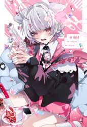 1boy absurdres ahoge black_choker blood blood_splatter bloody_knife blue_nails blunt_bangs cake cake_slice charm_(object) choker collared_shirt cracked_screen crying crying_with_eyes_open earrings error_message food frills gun hair_intakes highres holding holding_gun holding_weapon jewelry knife light_particles male_focus melting_eyes nail_art nail_polish open_mouth original pill pink_nails pink_shorts pink_theme red_eyes shiozaki_ise shirt short_hair shorts sitting solo stuffed_animal stuffed_toy tears teddy_bear trap weapon white_hair yami_kawaii